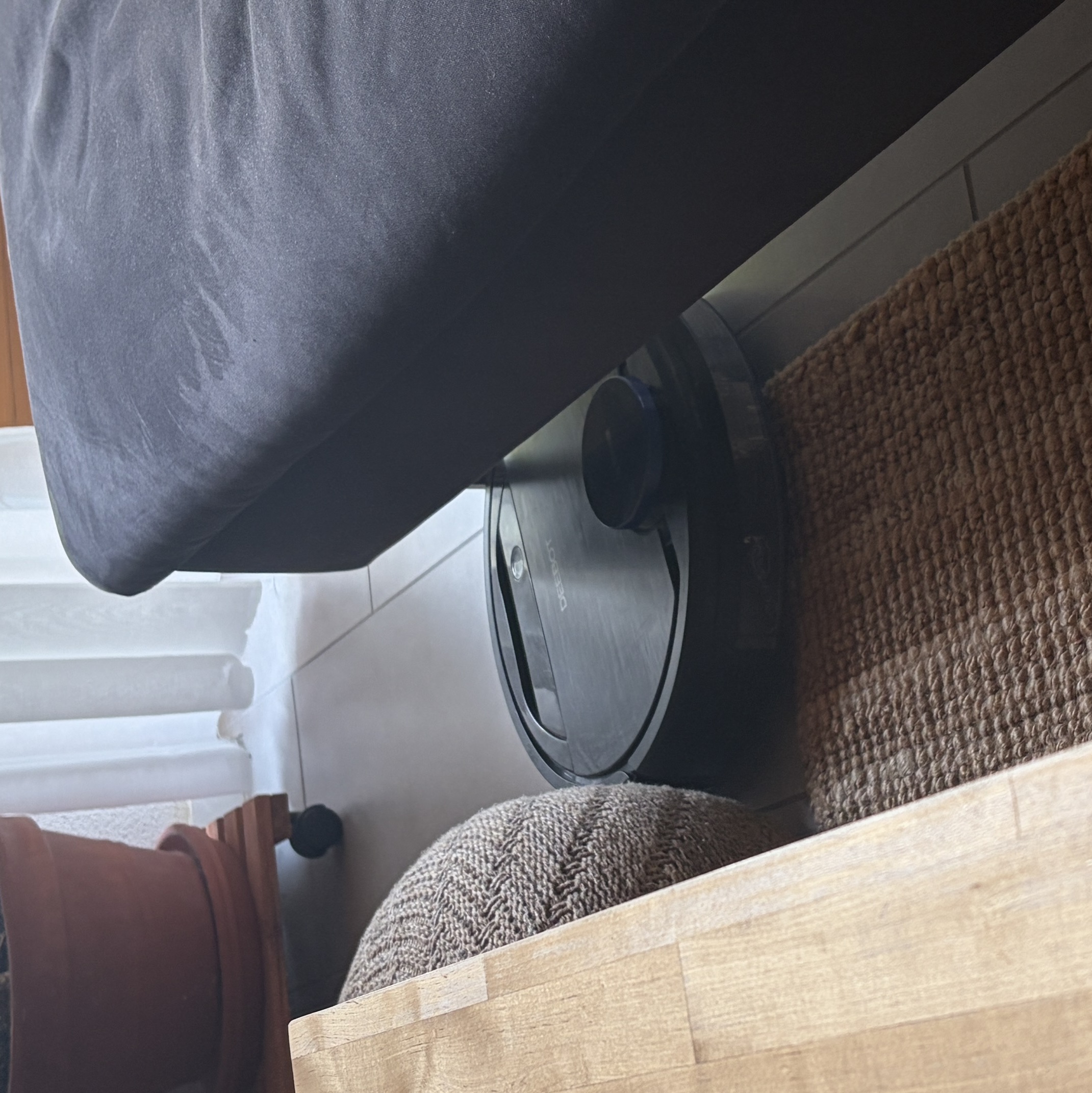 My Ecovacs cleaning robot stuck on the edge of my living room carpet.