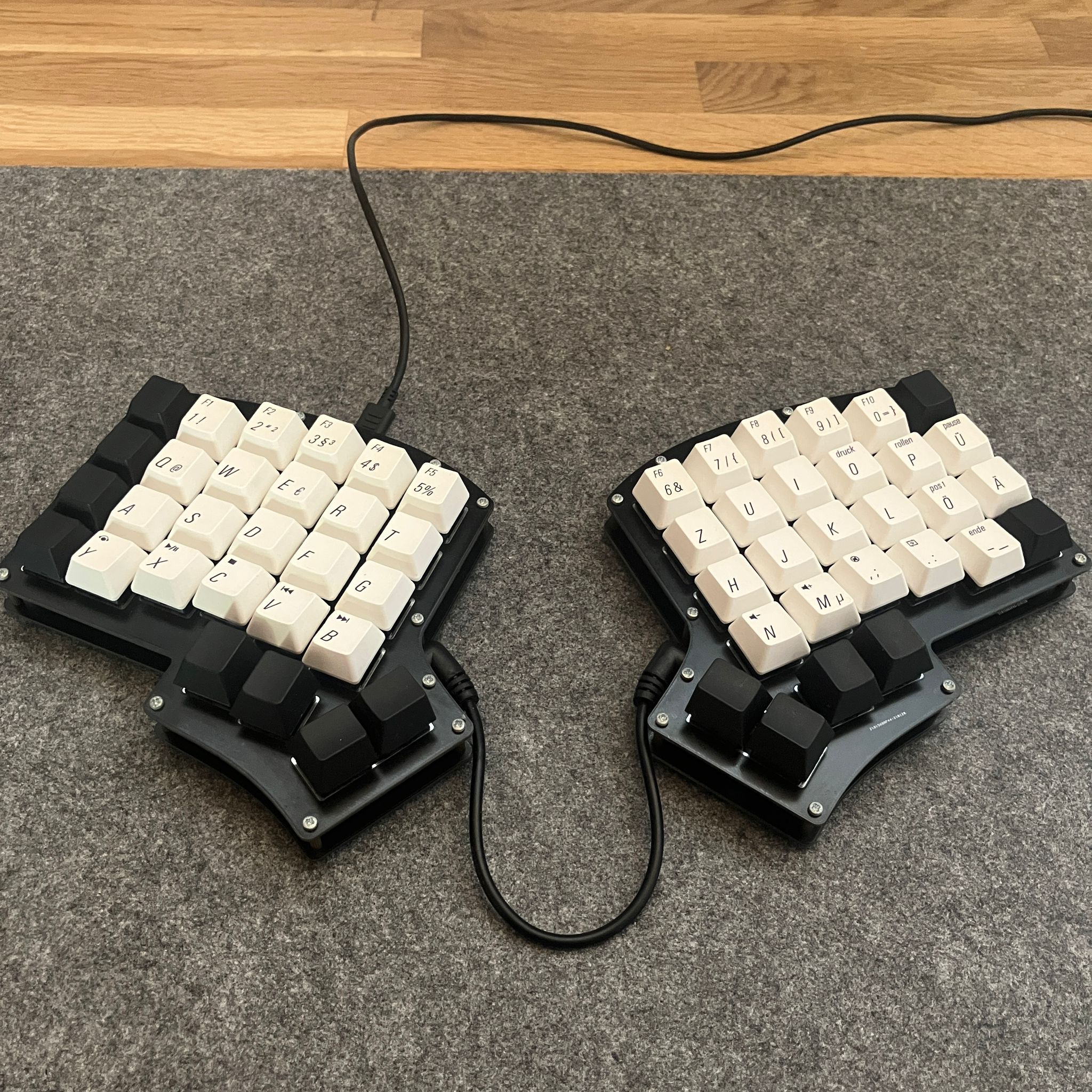 The Iris Split v2 keyboard on my desk.