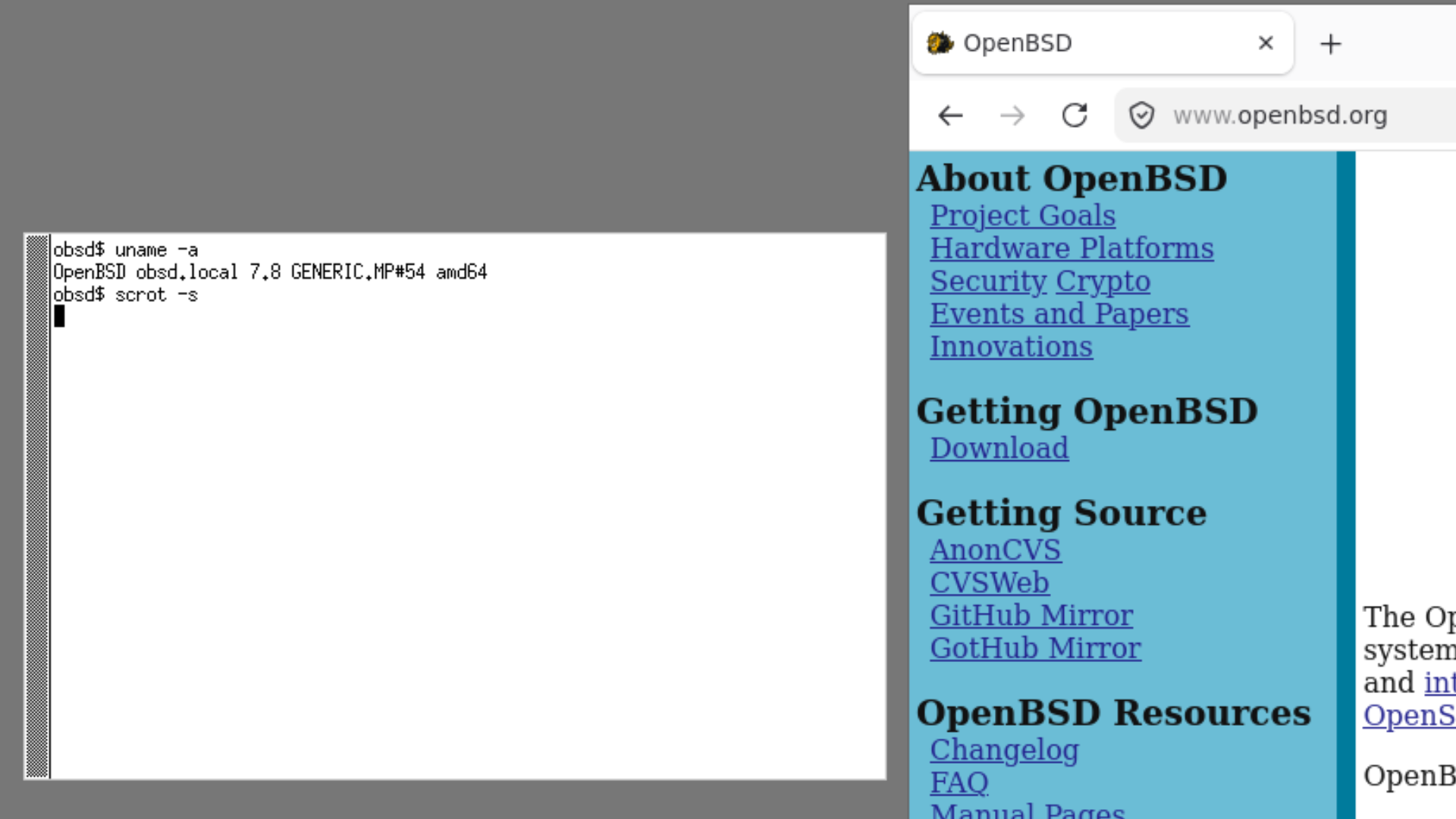OpenBSD 7.8 Benutzeroberfläche von (Calm Window Manager) CWM.
